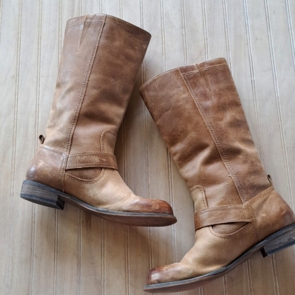 Gianni Bini Leather Buckle Side-Zip midi Mid-Calf High Western Distressed Boots - Picture 2 of 13